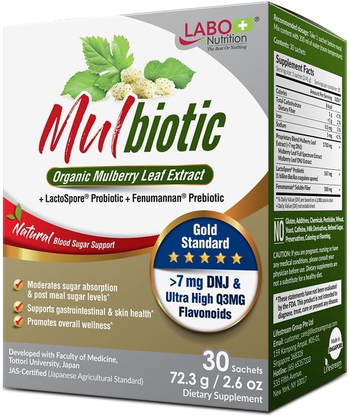 LABO Nutrición Mulbiótico, extracto de hoja de Mulberry orgánica + LactoSpore Probiótico & Fenumannan Prebiótico, para soporte de amortiguación, Vegetariano, No GMO