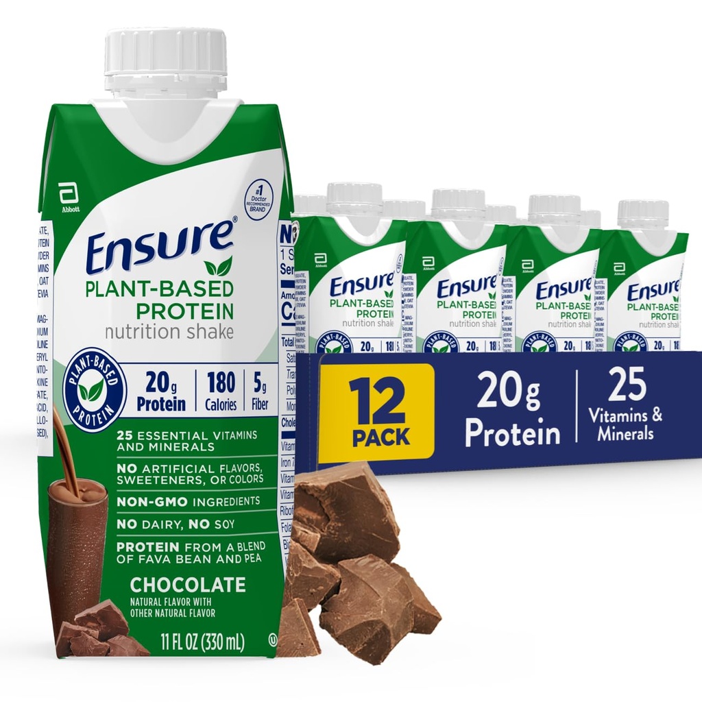Ensure Plant-Based Protein Nutrition Shakes with 20g Fava Bean & Pea Protein, Vanilla & Chocolate Flavors, Pack of 12, 11 Fl Oz