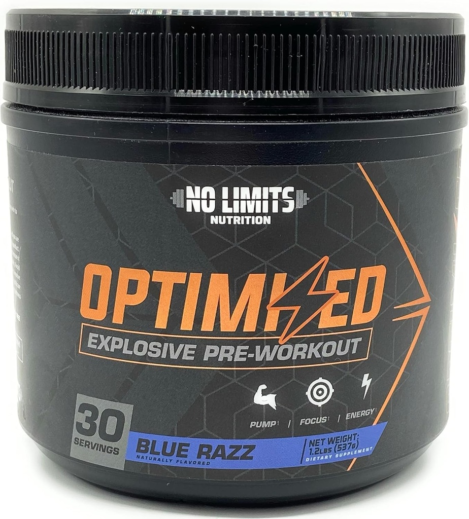 "Optimized" Blue Razz Pre-Workout Powder / Bombas Masivas / Aumentar Masa muscular, Fuerza > Beta Alanine + L-Citrulline + Betaine Anhydrous + Creatine + Caffeine Anhydrous / 30 Servings
