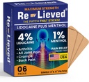 Re-lieve 4% Lidocaine Patches with Menthol - Maximum Strength Pain Relief for Back, Knee & Muscle Pain - Fast-Acting Medicated Patches - Made in USA - 6 Count