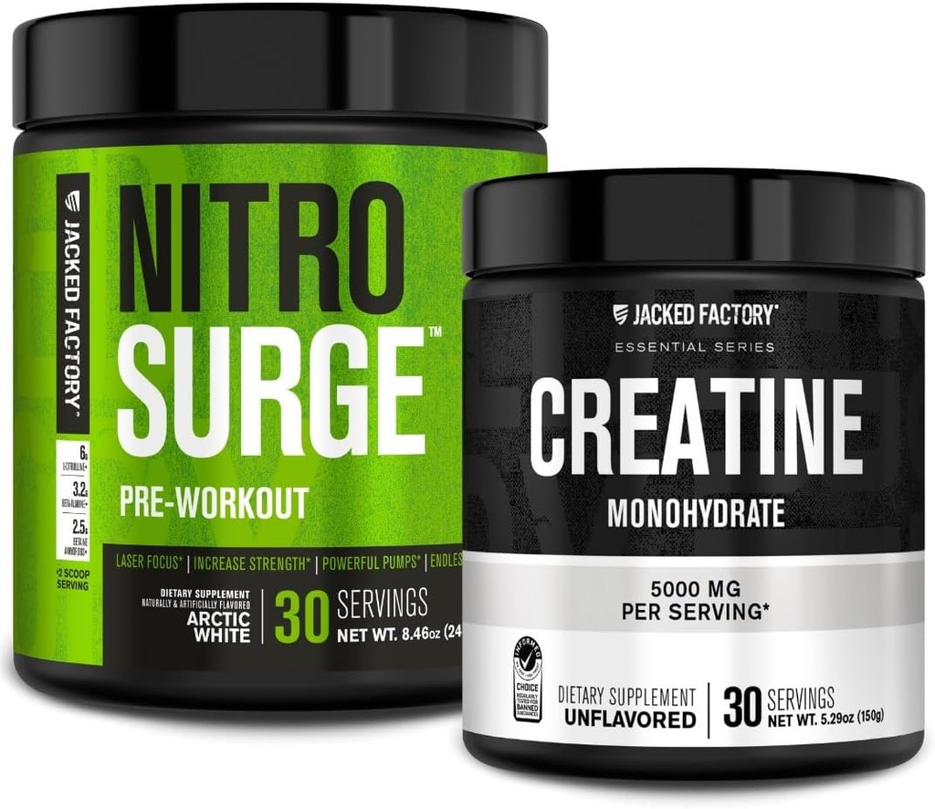 Gato Fábrica NITROSURGE Pre Workout Suplemento (Ártico Blanco) Creatina Monohydrate Powder 150g (Sin sabor) para el crecimiento muscular, aumento de fuerza, energía mejorada