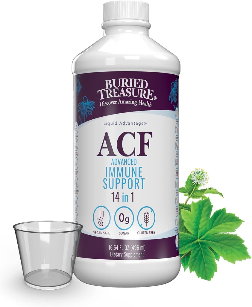 Tesoro Buried ACF Immune Support - 16 oz, 16 Servings, Vitamina C, Elderberry, Zinc, Liquid Immune Booster con vitaminas y minerales w / Copa de dosis