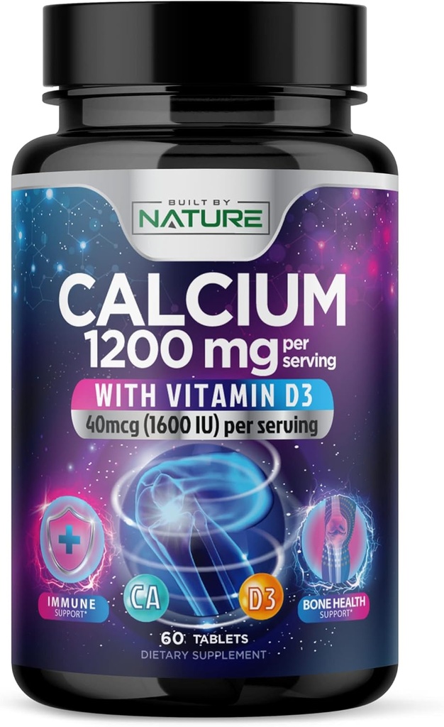 Calcio 1200 mg con vitamina D3 para la mejor absorción - Suplemento de soporte de bonificación avanzada, 1200 mg de carbonato de calcio " 1600 UI Vitamina D3, Slow Release for Immune Support, Easy to Swallow, 60 Tablets