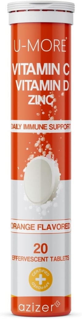 U-MORE Vitamina C 1000mg &amp; Zinc + Vitamina D, 20 Tablas de Efervescencia, Sabor Naranja, Suplemento de Apoyo Inmunitario, Dissolver Rápido, Sistema Inmunitario Boosts, Soporta la Esquía Saludable, el Pelo y las uñas