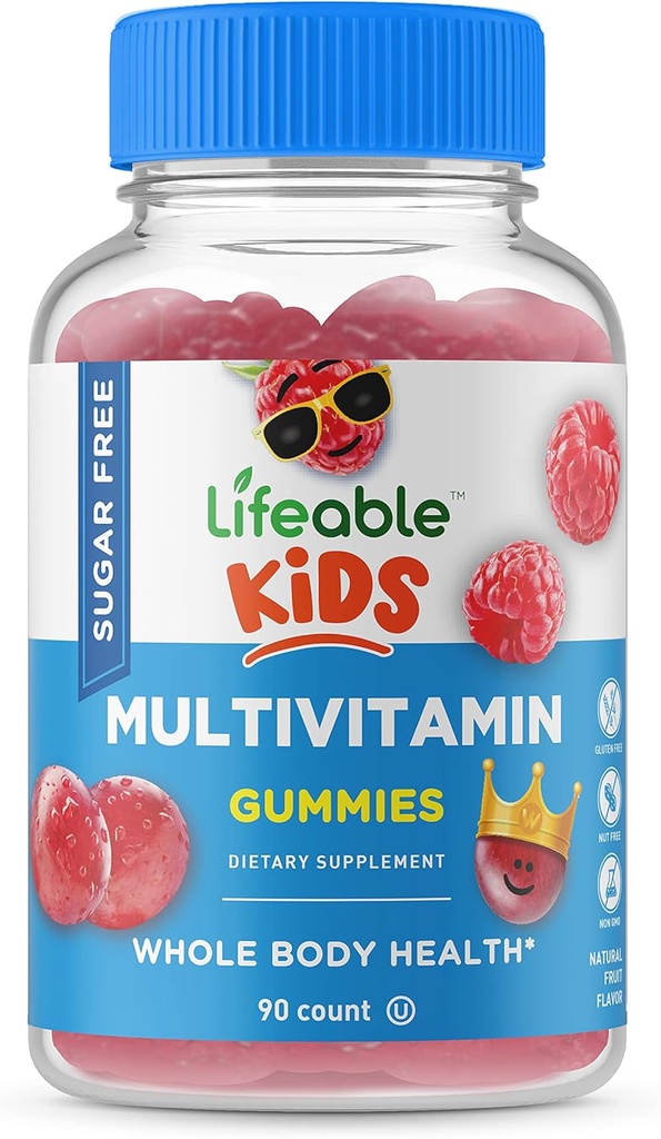 Multivitamina gratis de azúcar para niños – Gran sabor natural Suplemento Gummy – con vitaminas A, C, D, E, Niacin, B6, Folate, B12, Biotina, Ácido pantoténico, Iodine, Zinc, – 90 Gummies