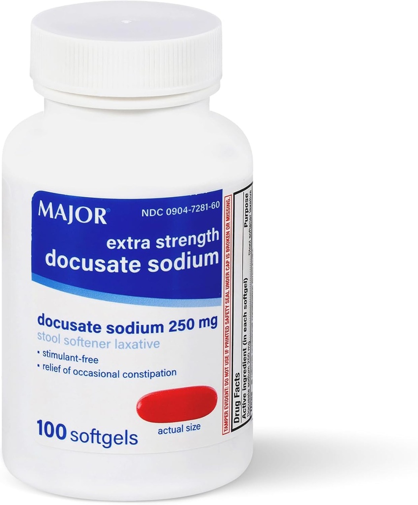 MAJOR Docusate Sodium 250 mg, Extra Strength Stool Softener Laxative for Occasional Constipation Relief – Stimulant‑Free, 100 Softgels (1 Pack)