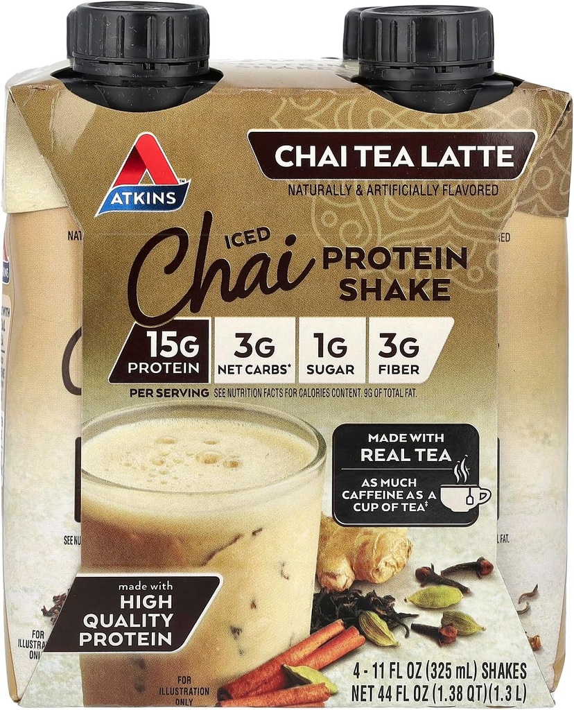 Atkins Iced Chai Tea Latte Protein-Rich Shake, Keto Friendly y Gluten Free. (4 Shakes)