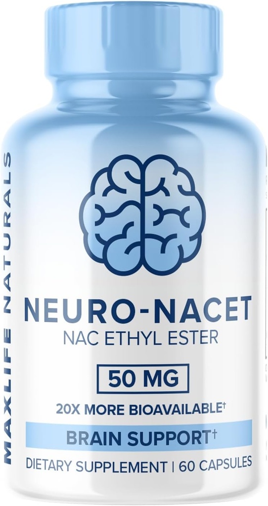 Neuro NACET - 60 cápsulas, N-Acetyl Cysteine Ethyl Ester - 20x Más Bioavailable Glycine NAC suplemento N-Acetyl Cysteine Selenium, 10x Glutathione Boost for Brain and Lung Support by MaxLife Naturals