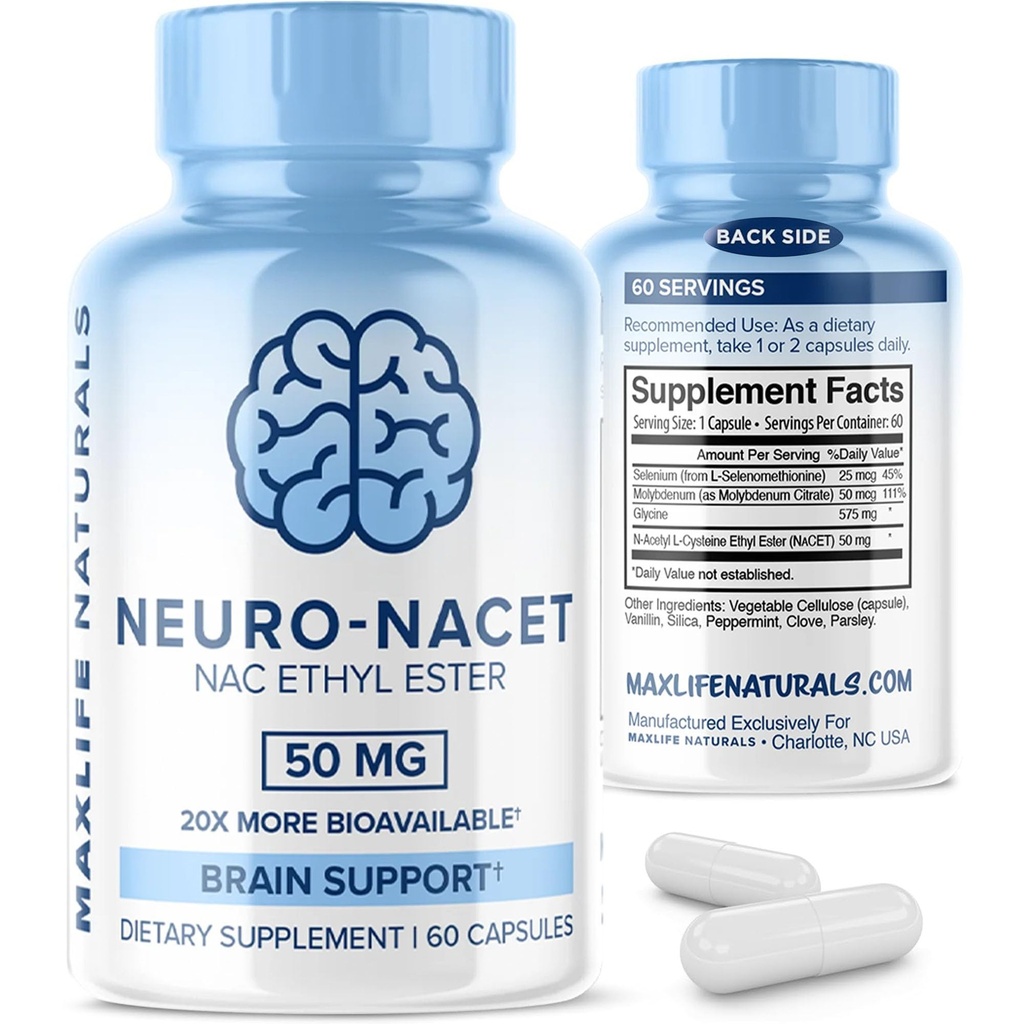 Neuro NACET - 60 cápsulas, N-Acetyl Cysteine Ethyl Ester - 20x Más Bioavailable Glycine NAC suplemento N-Acetyl Cysteine Selenium, 10x Glutathione Boost for Brain and Lung Support by MaxLife Naturals
