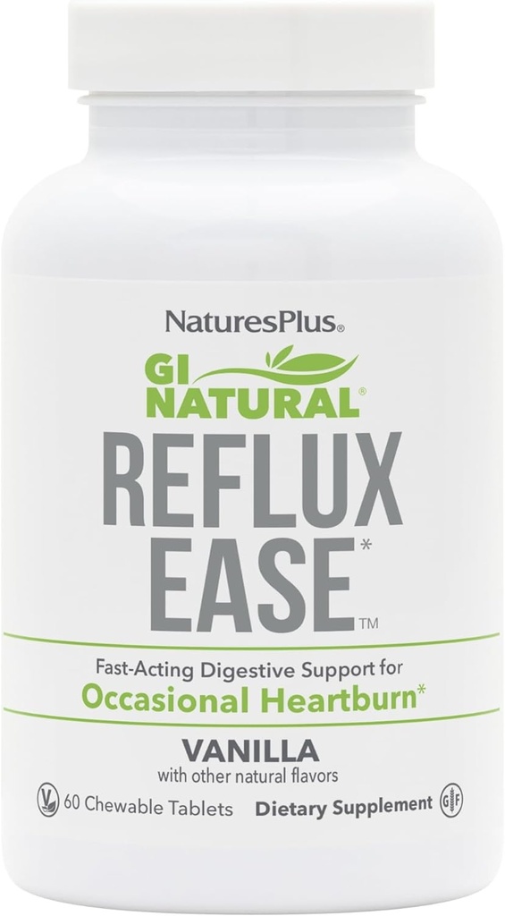 Natures Plus GI Natural Reflux Ease, Vanilla - 60 Chewable Tablets - Fast-Acting Digestive Support - Vegetarian, Gluten Free - 60 Servings