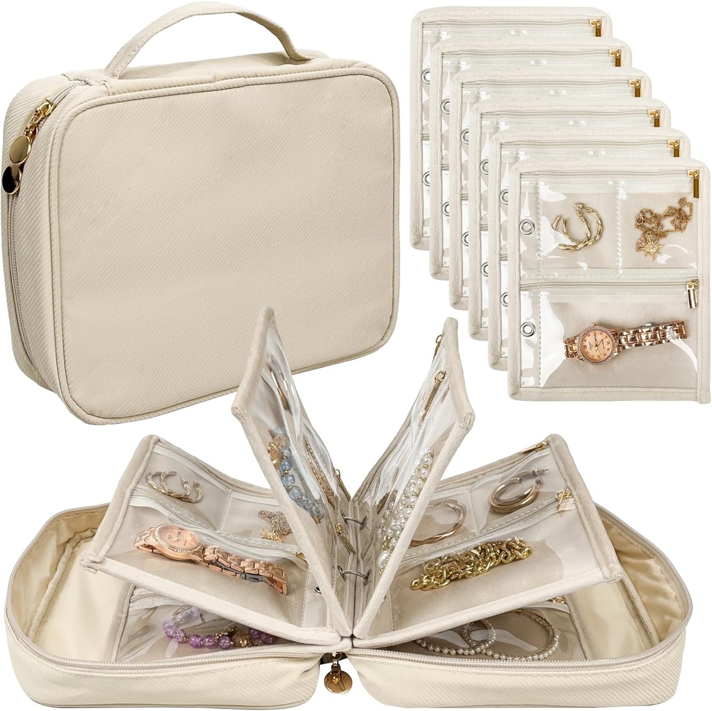 Caja de Organizador de Joyas,Jewelry Bags Jewelry Storage Book Binder with Clear Zipper Velvet Pouch for Traveling, Pendientes, Anillos, Collar, Pulsera (White)