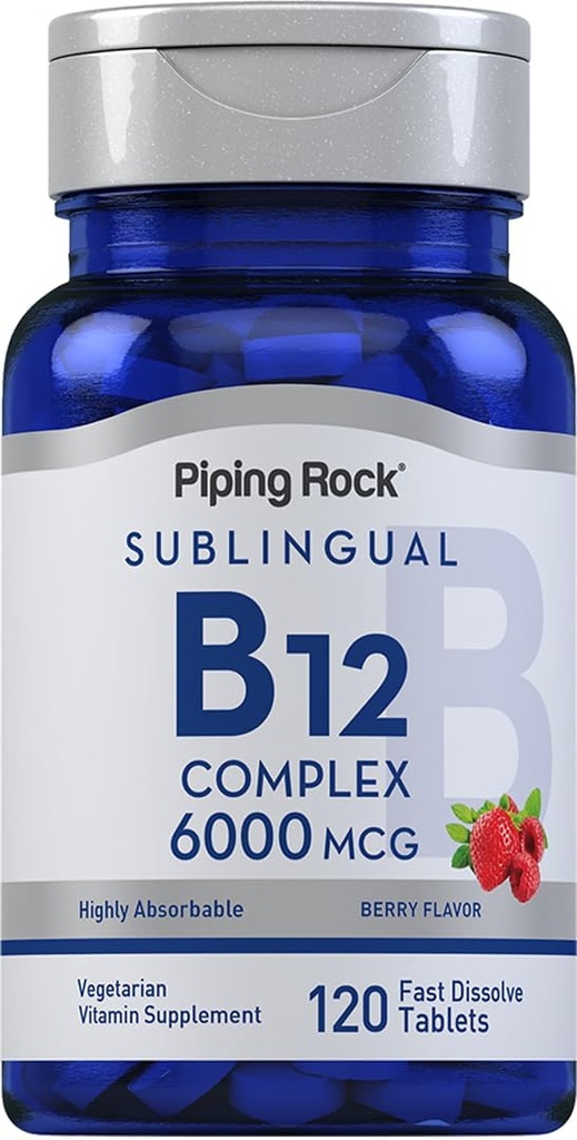 Piping Rock Sublingual B12 Complejo 6000 mcg tención 120 Fast Dissolve Tablets ← Berry Flavor ← Vegetarian, Non-GMO &amp; Gluten Free