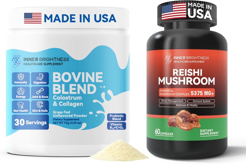 Bovine Colostrum & Collagen Powder for Gut Health, Immune Support, Hair Growth & Beauty Supplement + Reishi Mushroom Supplement with Cordyceps