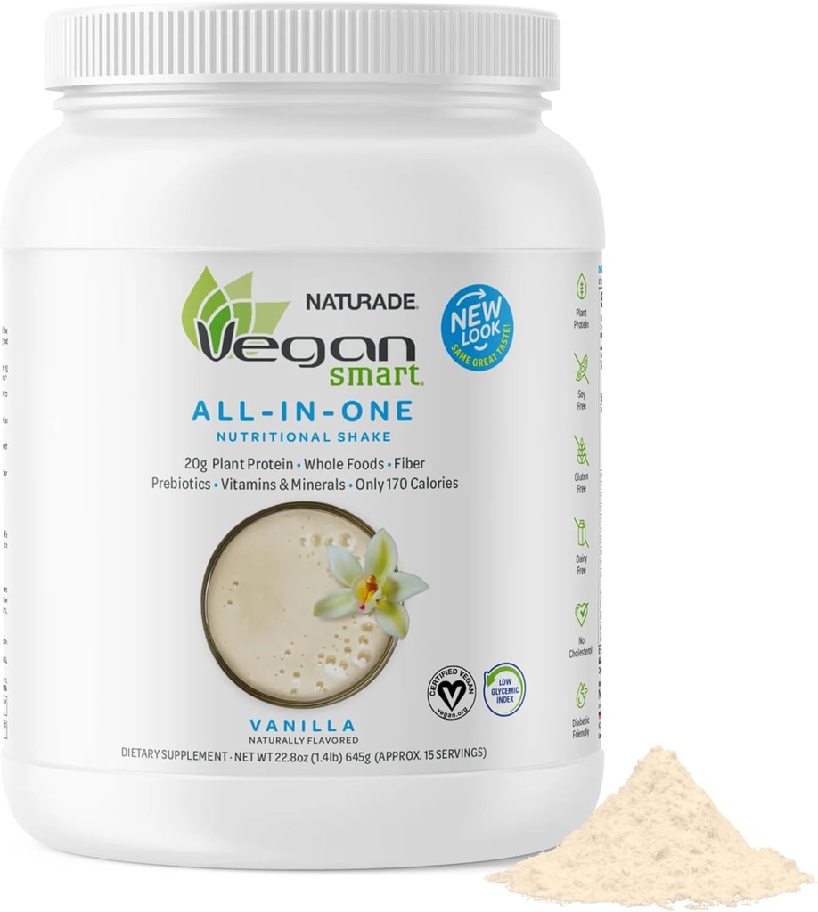Vegansmart Naturade Plant Based Vegan Protein Powder - All-in-One Nutritional Shake Protein Blend - Gluten Free &amp; Non-GMO - Vanilla (15 Servimientos)