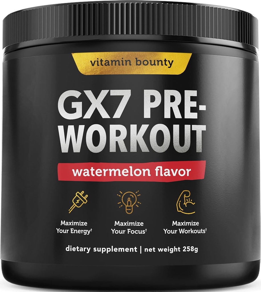 Vitamin Bounty Gx7 Pre Workout Powder para Hombre – Pre entrenamiento para Mujeres - Sugar Free Pre Workout Energy Booster Suplemento con Beta-Alanine, Caffeine, Keto, 0g Net Carbs - Watermelon Flavor, 20 Servindo