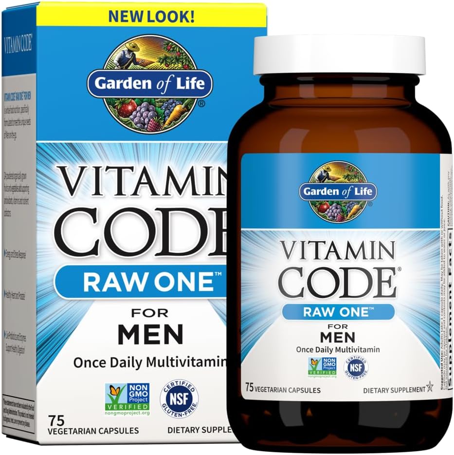 Jardín de la vida Código de vitaminas Raw One for Hombre, Once Daily Multivitamin, 75 cápsulas, Uno a día Mens Vitaminas Plus Fruit, Veggies & Probiotics for Mens Health, Vegetarian Multivitamins