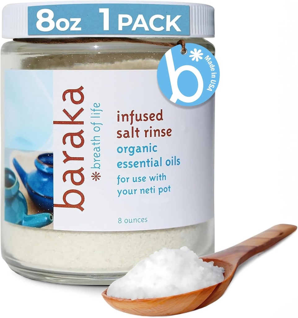 Baraka Infused Sea Salt Neti Pot - Sinus Rinse & Nose Cleaner, Essential Oil Infused with Virginia Cedarwood, Palmarosa, Green Myrtle, Fir Balsam & Rosemary, 8 oz (1 Pack)