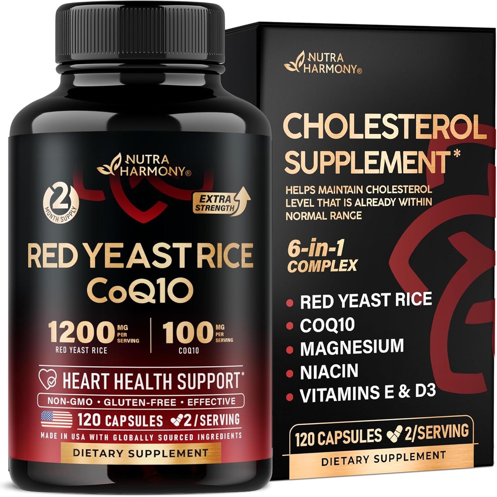 Rice de levadura roja 1200 mg con CoQ10 100 mg - con Magnesium TEN Niacin TEN Vitamina E &amp; D3 - Apoyo a la salud del corazón, Energía & Metabolismo - Eficaz, libre de fluidos " Testado en EE.UU., 120 cápsulas