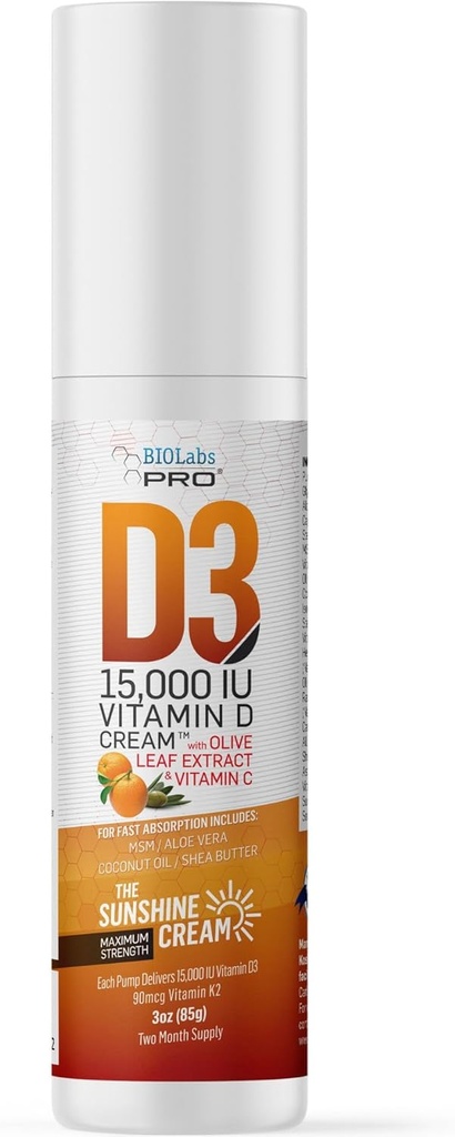 BIOLABS PRO All Natural Vitamina D3 15000IU Vitamina D Cream - Maximum Strength - Fight Vitamin D Deficiency Naturally - with Vitamin K2 &amp; Olive Leaf Extract - Safe ' Effective (15,000IU - 3.0oz)