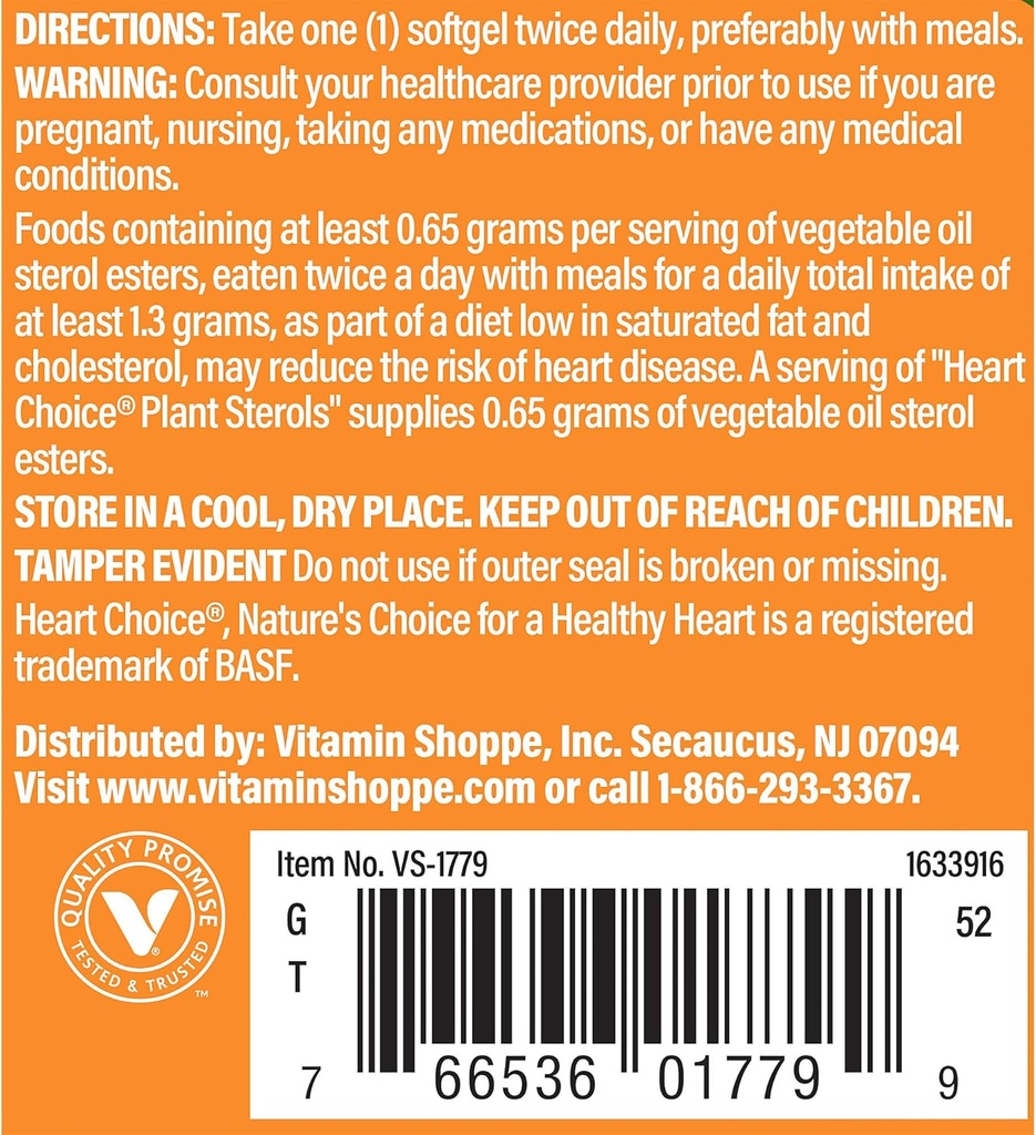 La Vitamina Shoppe Heart Choice® Plant Sterols, soporta la salud cardiovascular & colesterol, 1 suministros de servicio .65 Gramos de esteres de aceite vegetal (60 Softgels)