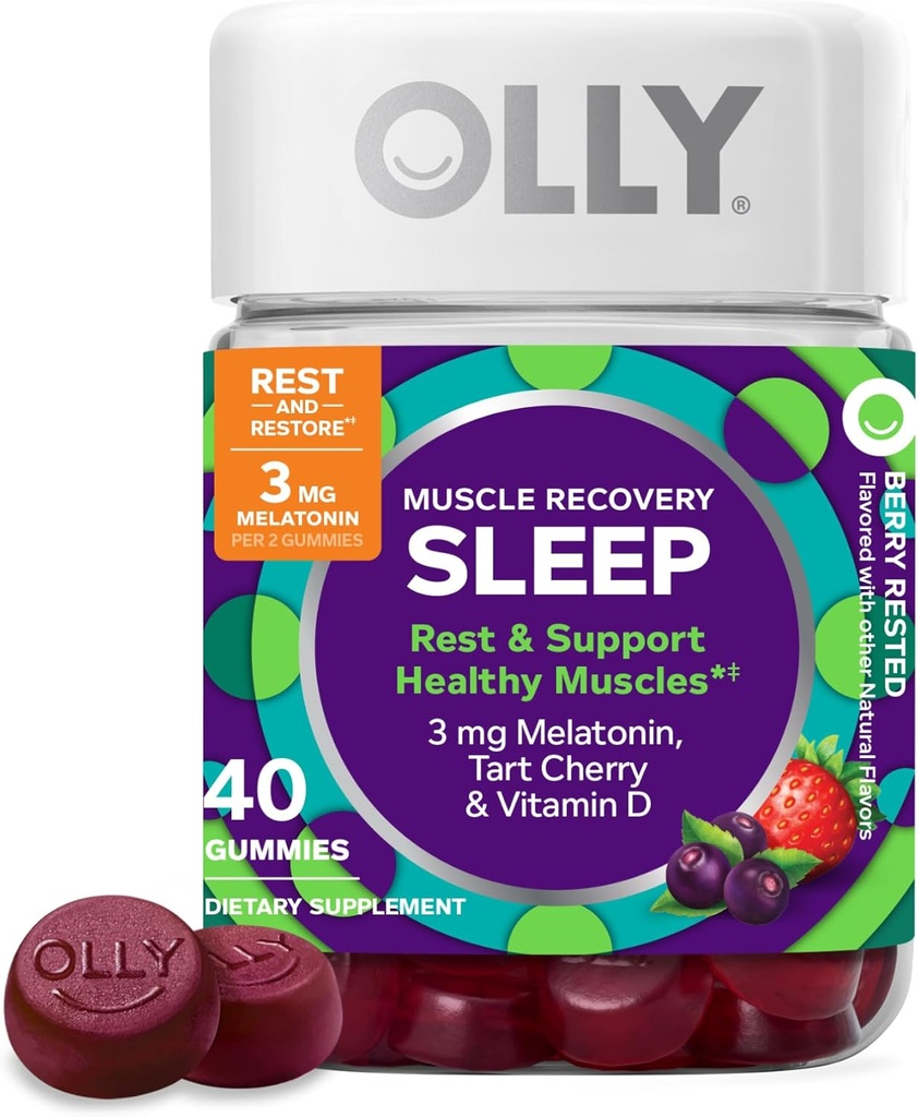 OLLY Muscle Recovery Sleep Gummies, Sleep and Sore Muscle Support, 3mg Melatonin, Tart Cherry, Vitamina D, Berry Flavor - 40 Count