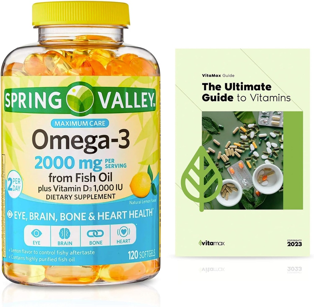 Spring Valley Omega-3 de Fish Oil 2000 mg, Maximum Care, 120 Conde + Exclusiva VitaMax Guía de Vitamina (2 Artículos)