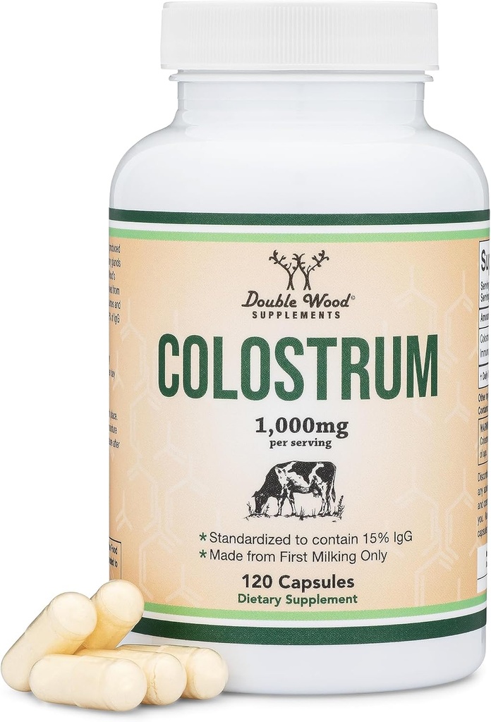 Colostrum Suplemento 120 cápsulas, 1.000 mg por servicio (Bovine Colostrum Powder de First Milking Only, Std. to Contain 15% IgG Inmunoglobulinas) No Fillers, Tercera Parte Probada por Madera Doble