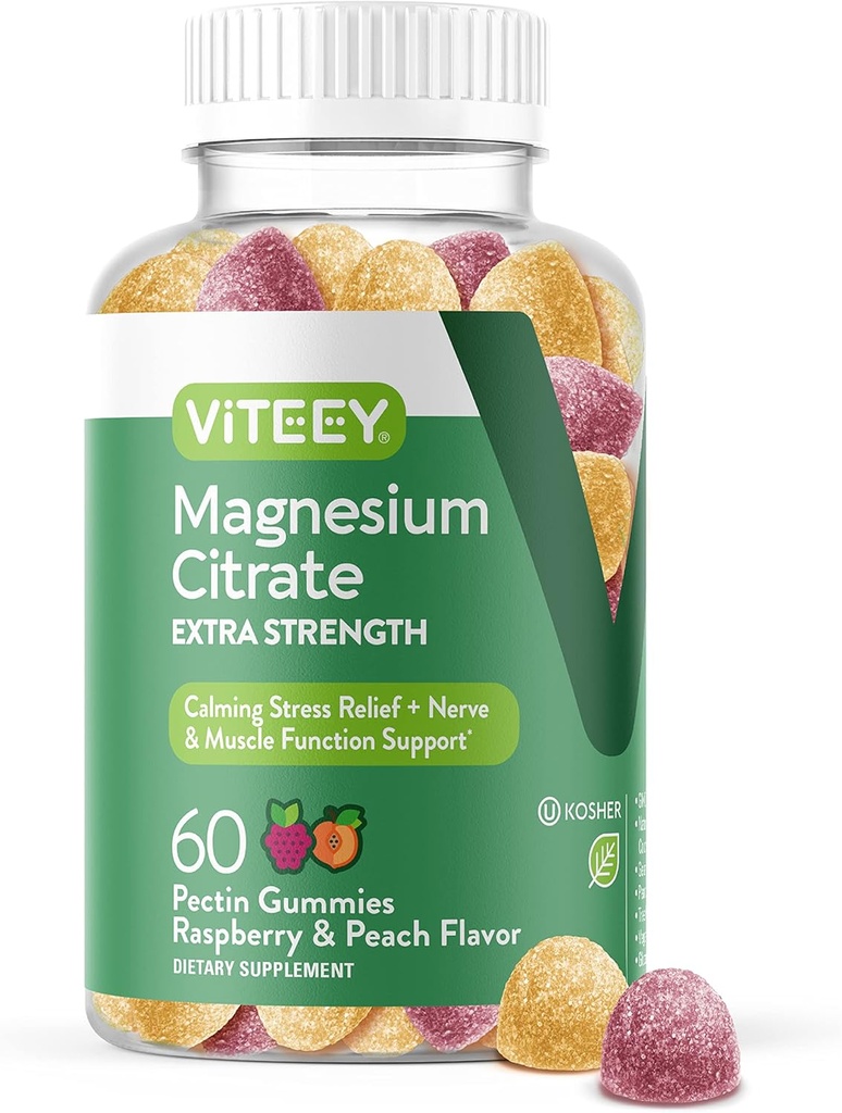 VITEEY Magnesium Gummies for Adults - 170 mg de Magnesium Citrate Gummy for Calm, Sleep, Nerve &amp; Muscle Function Support - Vegan, Gluten Gratis - 60 Condes