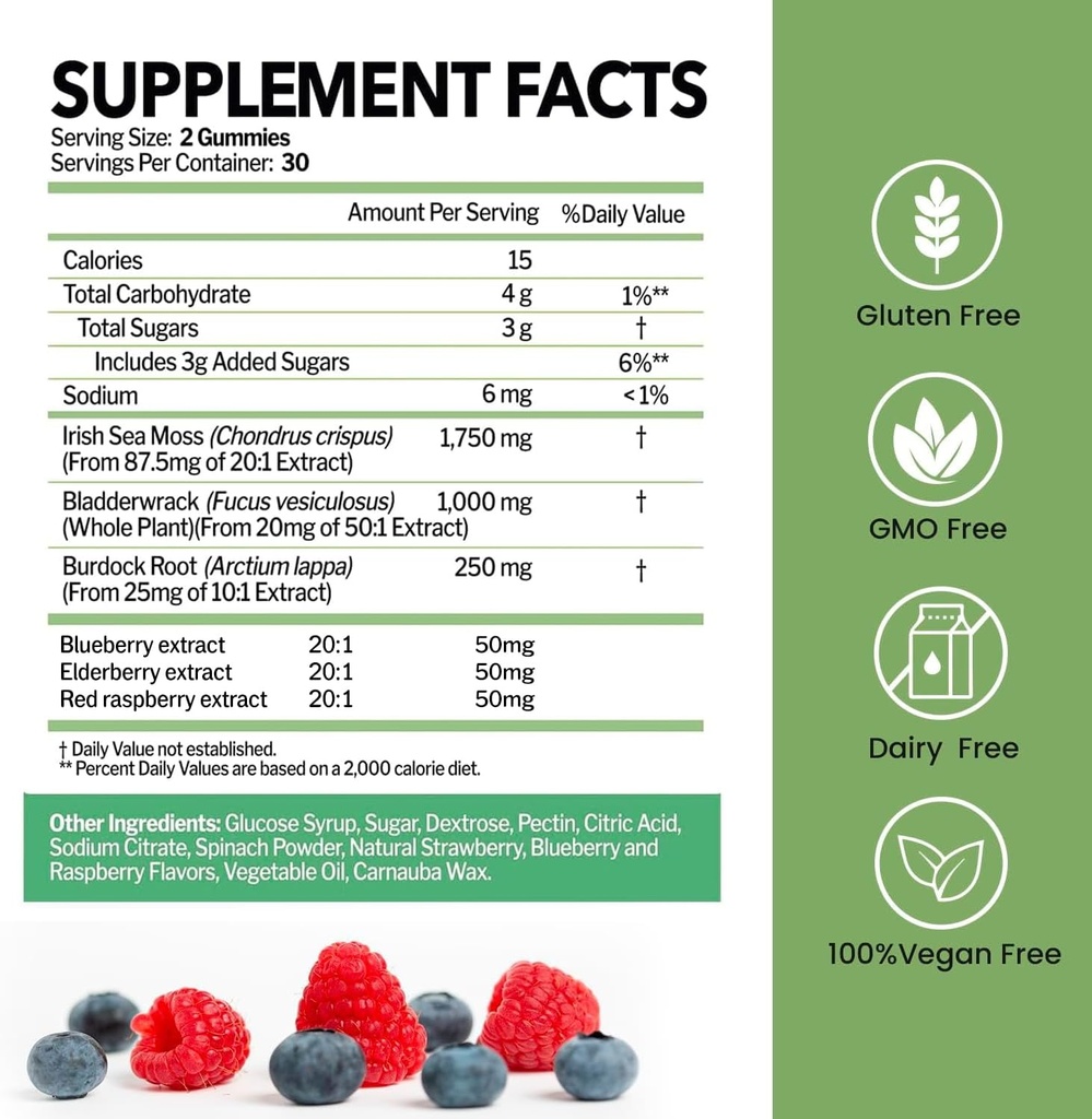 Sea Moss Gummies with Bladderwrack and Burdock Root ← Wildcrafted Irish Sea Moss for Immune, Thyroid Support ← Suplementos dietéticos 100% Vegan ← Non-GMO, Gluten-Free, Dairy-Free ← 60 Gummies