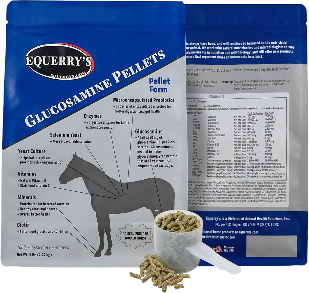 Pellets de Glucosamina de Equerry - Soporte Conjunto para Caballos con Probióticos, Enzimas Digestivos, Vitaminas y Minerales - Made in USA