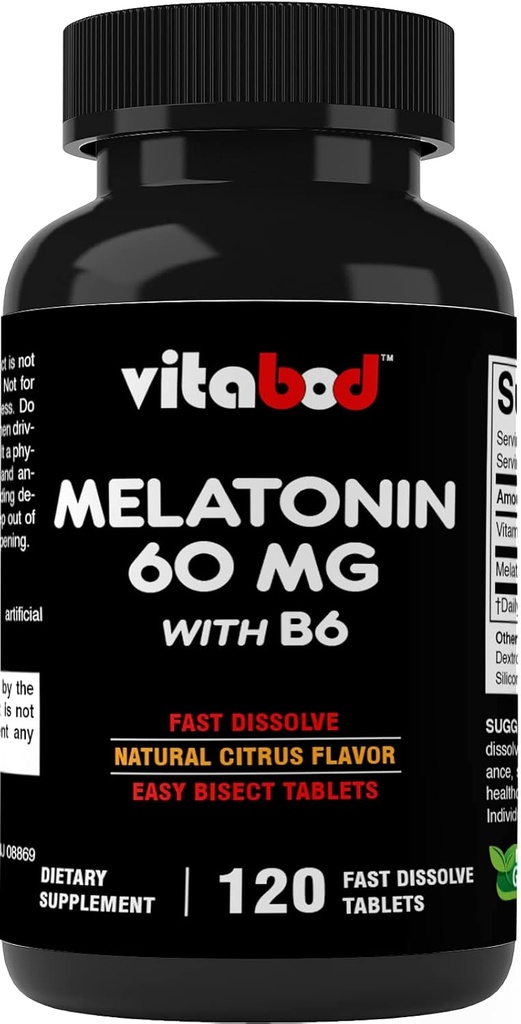 Melatonina 60 mg con vitamina B6 – 120 Tablas rápidas de disuelto Apoyo al sueño de alta resistencia – libre de drogas – sabor natural de citrus – Vegetariano, no GMO, libre de gluten