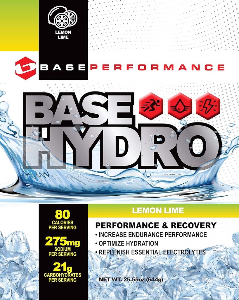 BASE Performance Hydro - Lemon Lime ANTE 28 porciones dentro de cada bolsa milar ecológica ANTERIENTE Blend de dextrose, fructosa, maltodextrin y electrolitos esenciales.