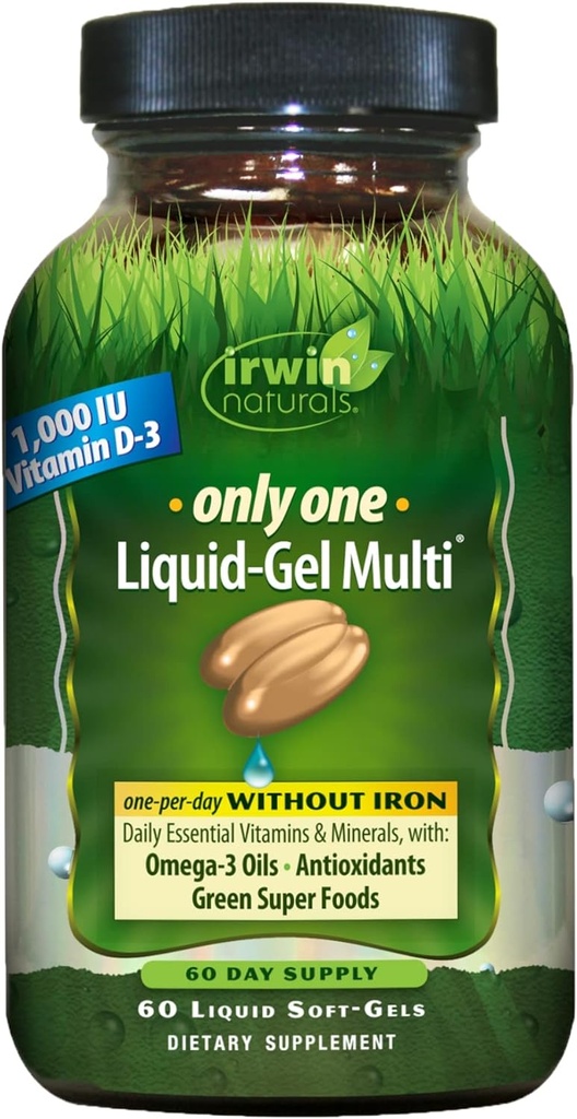 Irwin Naturals Only One Liquid-Gel Multi - 60 Liquid Softgels - No Iron Daily Essential Vitamins, Minerals, Antioxidantes, Omega-3 &amp; Green Super Foods