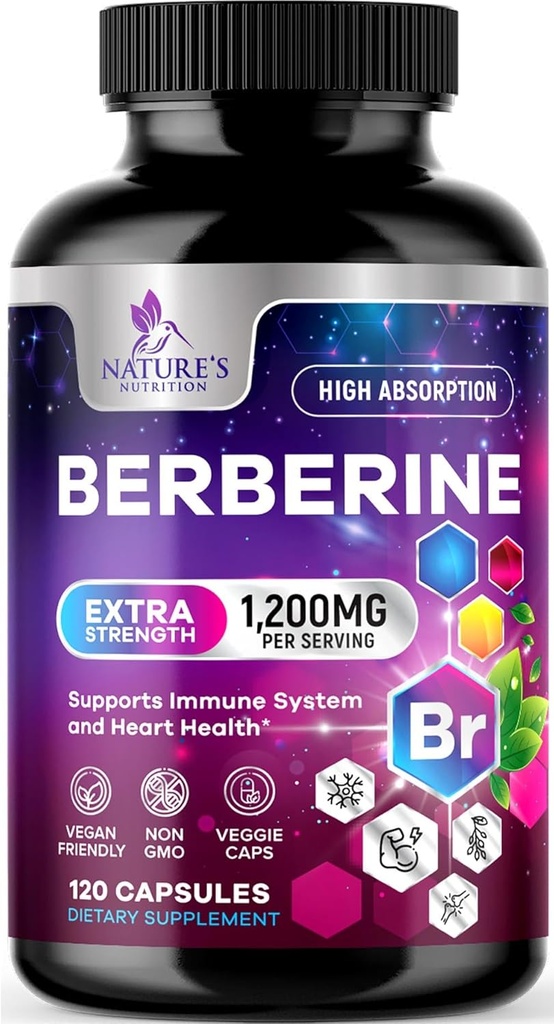 Beberine HCL 1200mg Suplemento - Berberine HCI capsules High Absorption Suplemento para la salud cardíaca &amp; Immune Support, High Strength, Gluten-Free, Vegan, Non-GMO Pills - 120 Veggie Capsules