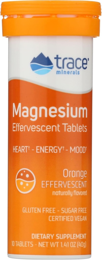 Trace Minerals Ø Magnesium Effervescent Tablet ← Promociona Hearth Health, pH Balance, Energy Mood TEN Gluten Free, Sugar Free, Certified Vegan TEN Orange 10 Tablet 1 Tube