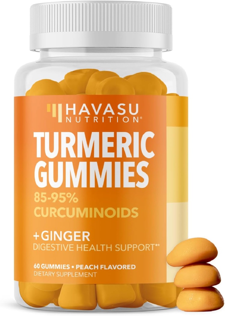Gummies Turméricas con Ginger y 95% Curcuminoides - Salud Digestiva y Apoyo Inmunitario Suplemento de Wellness Global - 60 Conde - Vegan, No GMO Curcumin Vitamina - Peach Flavor, 1 Mes de Suministro