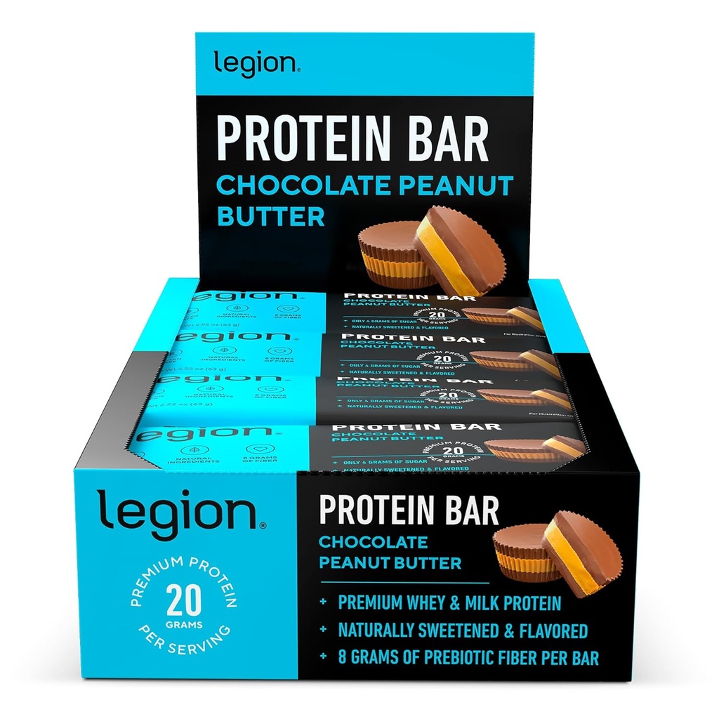 Legion Protein Bar Chocolate Peanut Butter -100% Whey Protein, Bares horneados con fibra prebiótica - High Protein (20g) Bajo grasa (12g) Bajo azúcar (4g), No Soy, Gluten - Sabores naturales (12 conde)