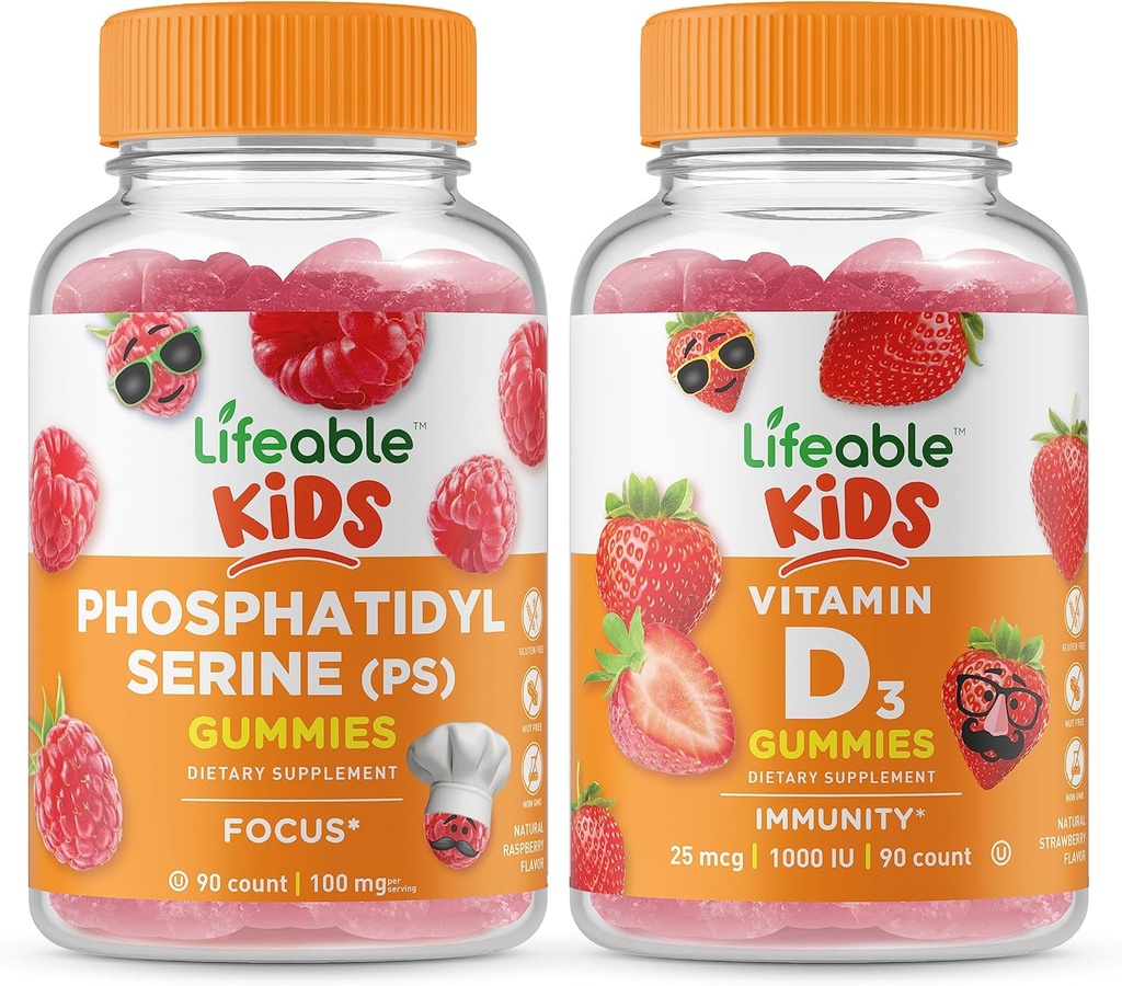 Phosphatidylserine (PS) Kids + Vitamin D Kids, Gummies Bundle - Gran Tasting, Suplemento de vitaminas, Gluten Free, GMO Free, Chewable Gummy