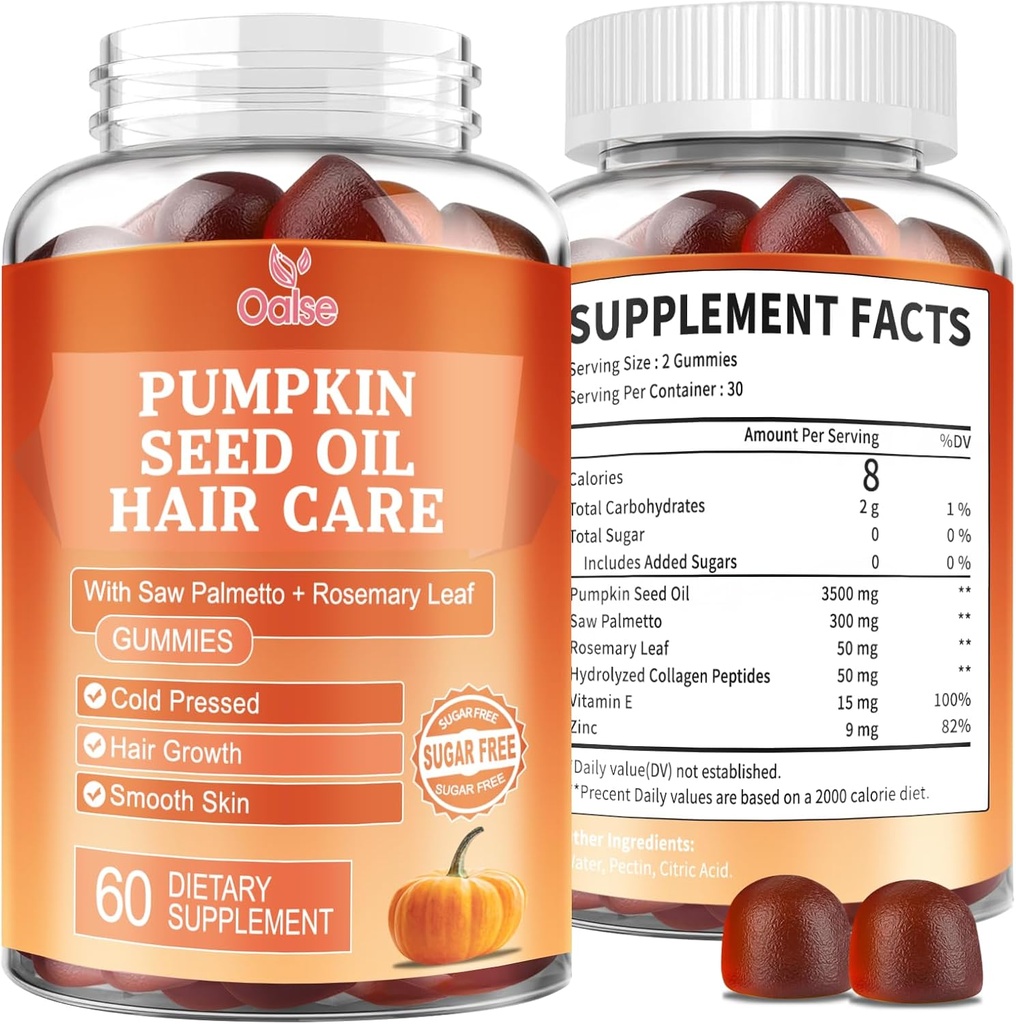 Pumpkin Seed Oil Gummies, 3500mg Per Serving, Cold Pressed, with Saw Palmetto, Rosemary Leaf, Zinc, Hydrolyzed Collagen Peptides, Pumpkin Seed Oil for Hair Growth, Vegan, 60 Counts