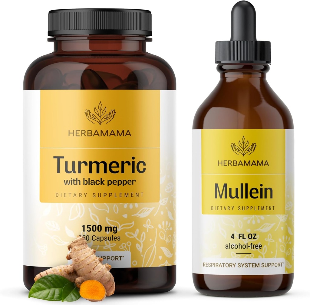 HerBAMAMA Turmeric y Mullein Leaf Kit - Bundle of 1500 mg Turmeric Curcumin Capsules &amp; Mullein Leaf Extract Tintura - Vegan, Non GMO, Sugar &amp; Alcohol-Free - 2 Pack