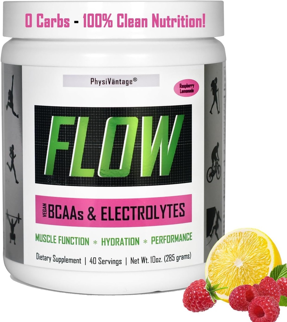 FisiVantage - Flow Electrolyte Powder con BCAAs - Hidratación sin azúcar &amp; Muscle Recovery Drink Mix – Vegan, Keto-Friendly Electrolytes - Zero Sugar, 40 Servings, Raspberry Lemonade Flavor
