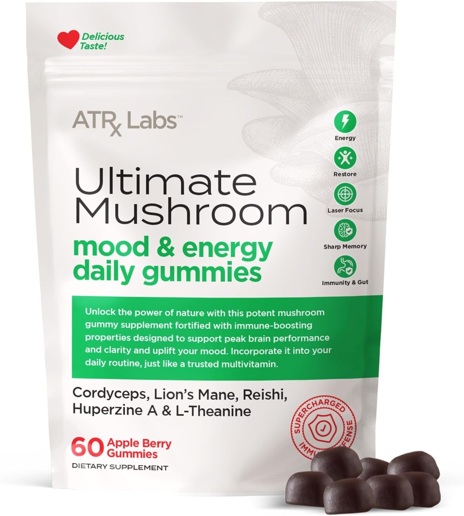 Ultimate Mushroom Daily Gummies - Mushroom Gummies con Cordyceps, Lion’s Mane y Reishi, Plus Huperzine A & L-Theanine, mayo mejorar el Mood y la energía, Apple Berry Flavor, 60 Gummies