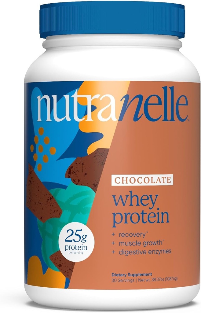 Nutranelle - Chocolate Whey Protein Powder – 25 g de Whey Isolate " Concentrate per Serving with Digestive Enzymes for Muscle Growth " Recovery – Zero Añadido Sugar Protein Shake Powder