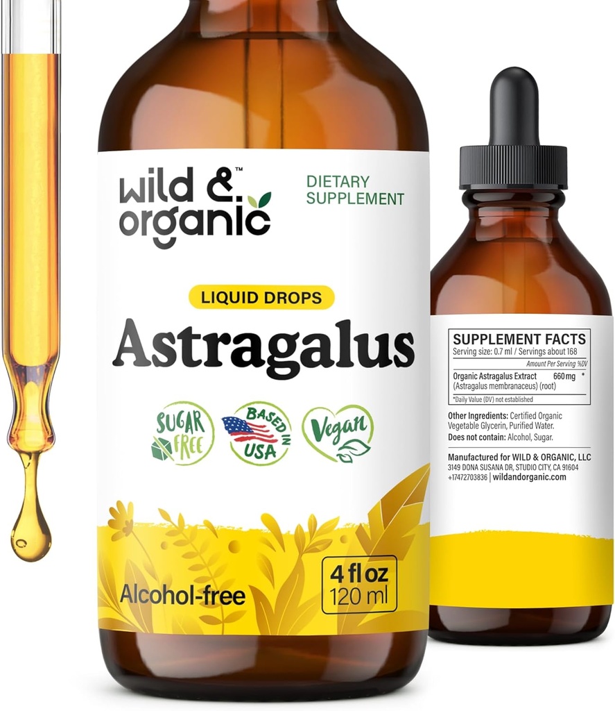 Wild &amp; Organic Astragalus Tincture - Suplemento de apoyo inmunitario w / Extracto de raíz de astragalus - Tintura vegana para la inmunidad - azúcar &amp; gotas libres de alcohol - 4 fl oz