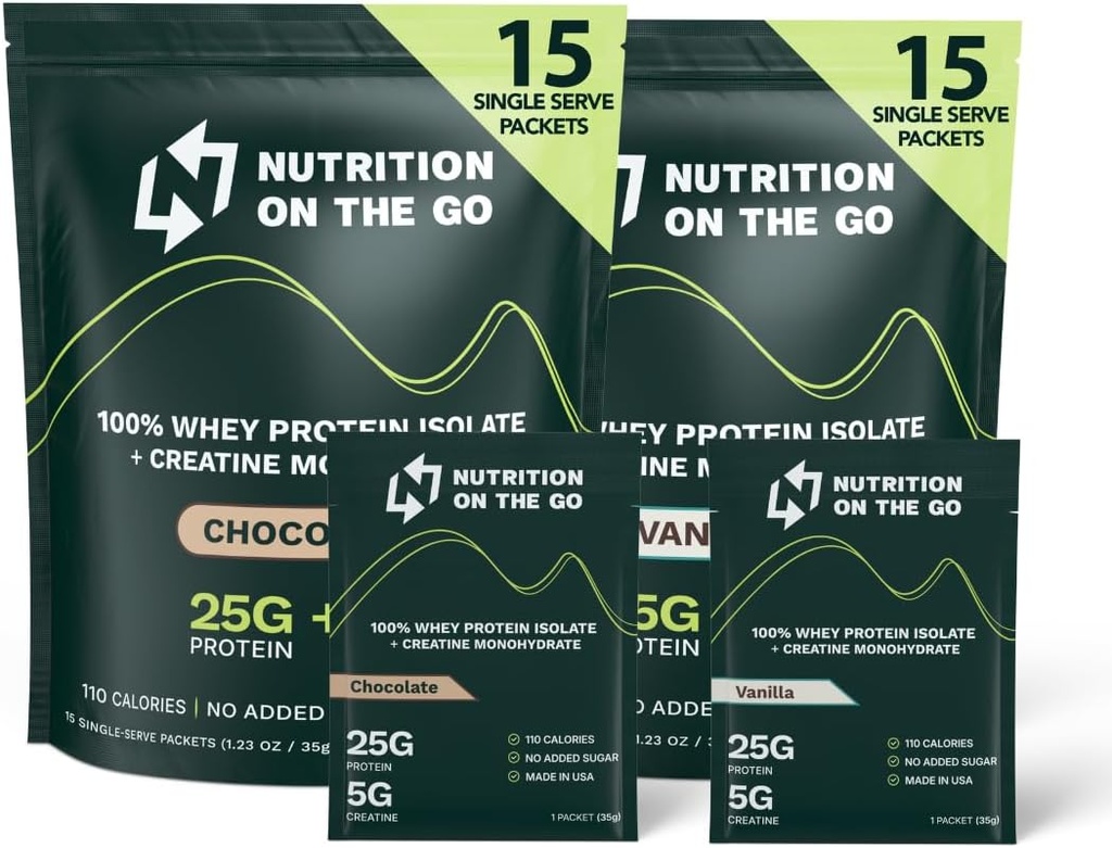 Nutrición en la proteína de Go Whey Packets con Creatina – 25g Proteína + 5g Creatina – Polvo de proteína de un solo paso - Empaquetado de Variedad (Vanilla y Chocolate) (30-Pack)