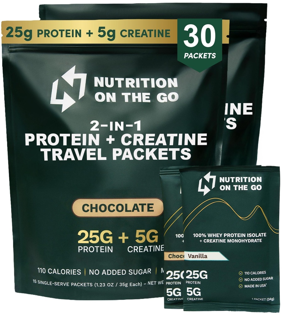 Nutrition On The Go Whey Protein Isolate Packets with Creatine – 25g Protein + 5g Creatine – Single-Serve Travel Protein Powder - Variety Pack (Vanilla & Chocolate) (30-Pack)