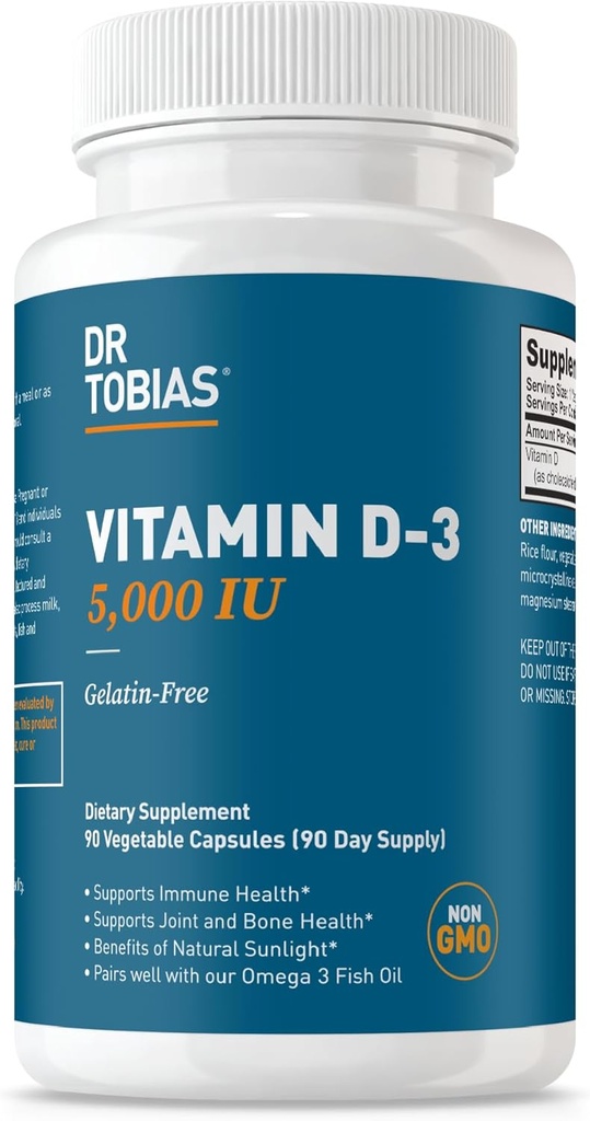 Dr. Tobias Vitamina D3 5000 UI, Esencial para Huesos Saludables, Dientes y Sistema Inmunitario, Suplemento de Vitamina D Extra Fuerza, No GMO, 90 Cápsulas, 90 Actuaciones