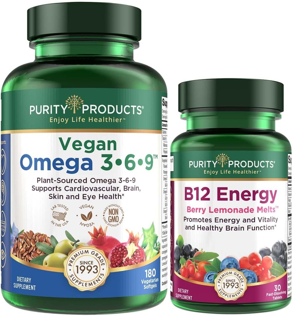 Purity Products Bundle - Vegan Omega 3-6-9 (180 ct) + B-12 Energy Melt Omega 3-6-9 (“5 en 1” Plant-Based Omega 3 6 9 ácidos grasos esenciales) - B12 Berry Melt (Methylcobalamin B12 + B6 + D3 + Más)