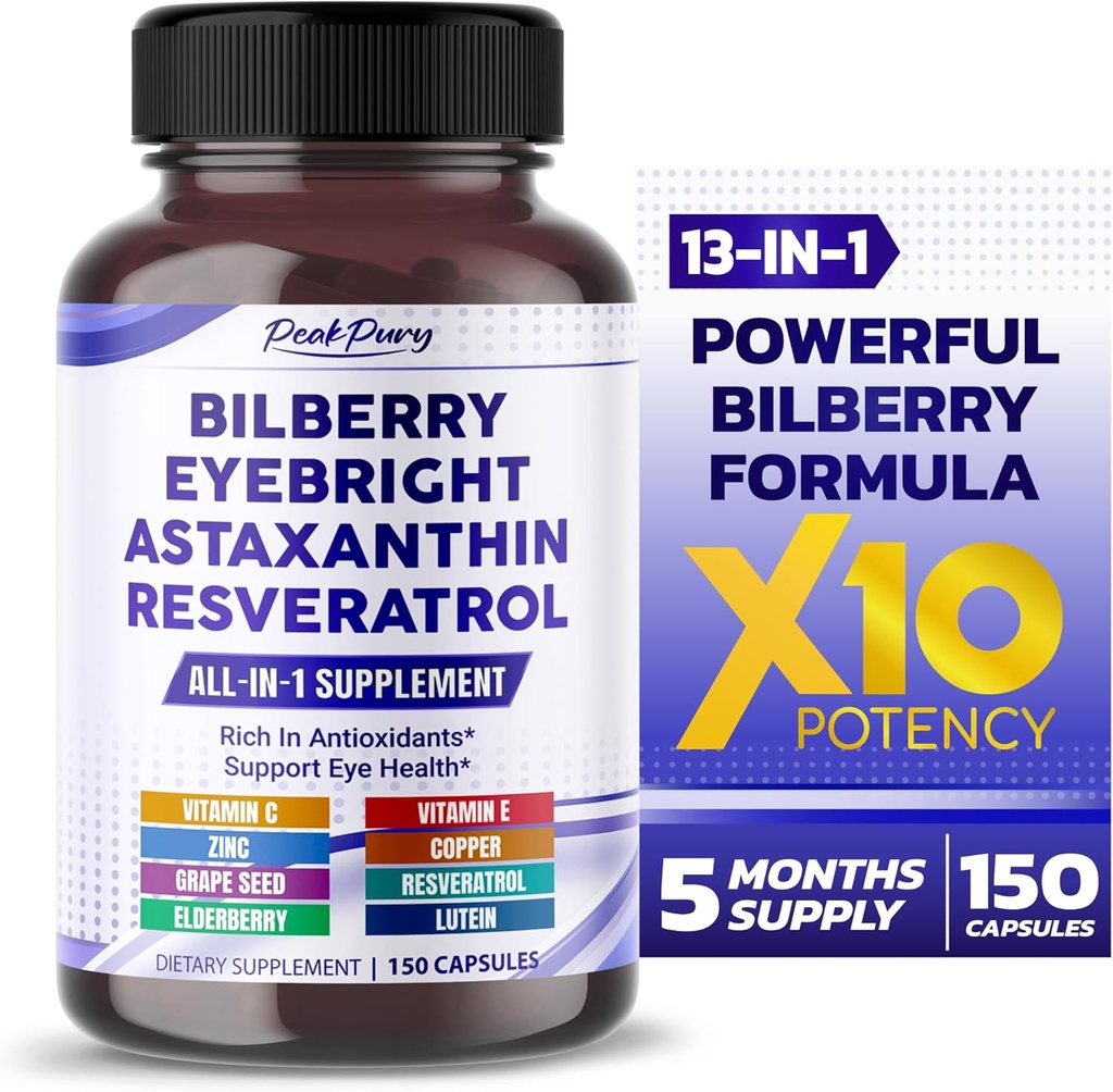 All-in-1 Bilberry Eyebright Astaxanthin Elderberry Resveratrol Suplemento - Rich in Antioxidants &amp; Supports Eye Health - Made in The USA -150 Capsules