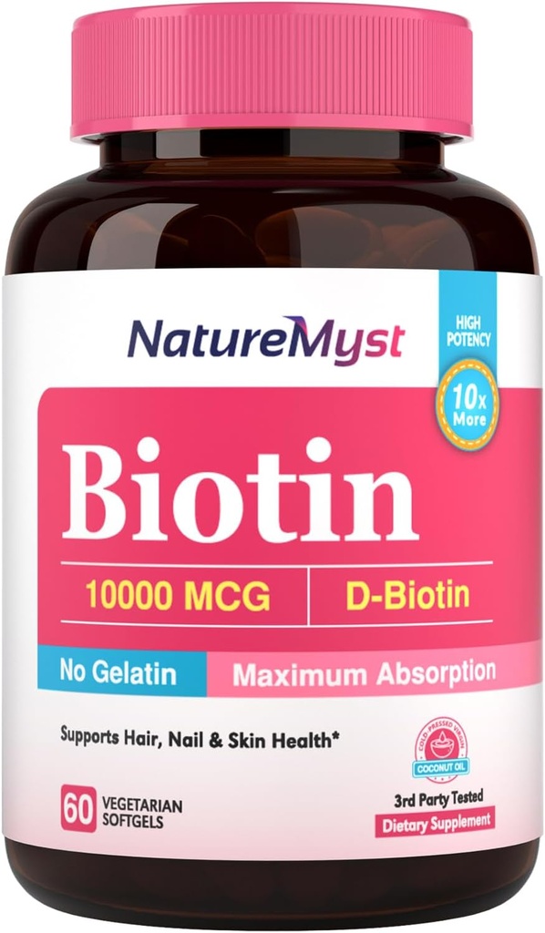 Biotin 10000 mcg, High Potency, Biologically Active, Cold-Pressed Coconut Oil for Maximum Absorption, No Gelatin, Hair, Nails, Skin, 60 Vegetarian Softgels